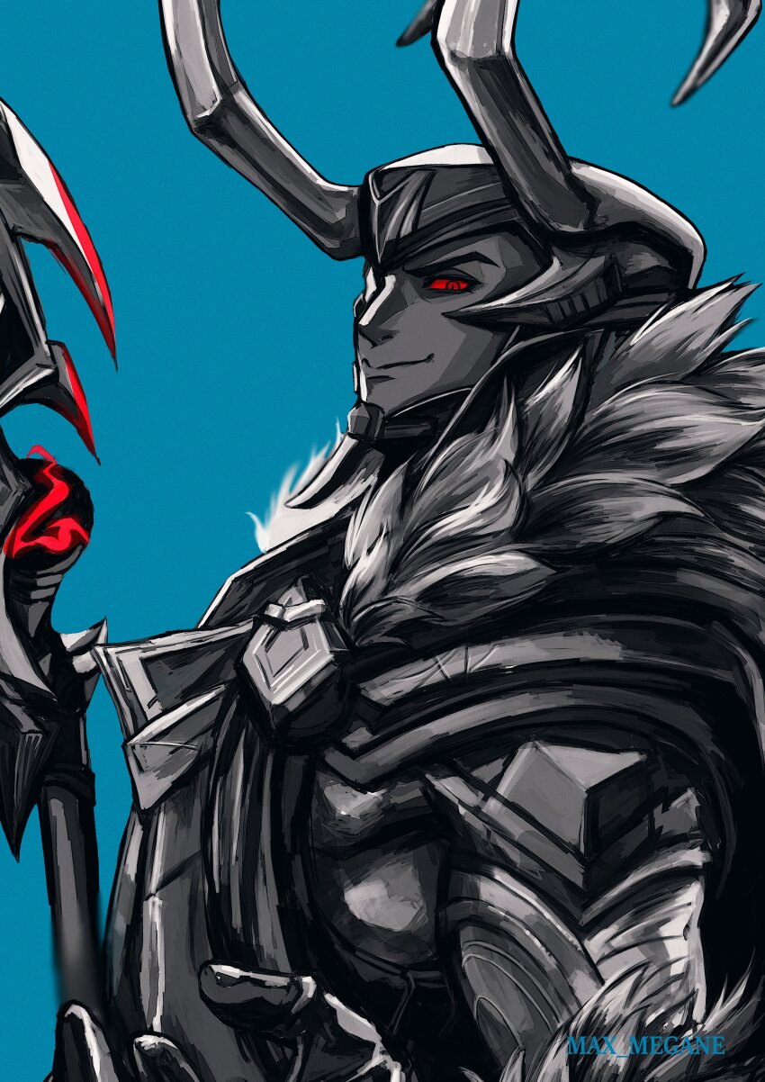 1boy, absurdres, artist_name, blue_background, cape, colored_sclera, commentary, english_commentary