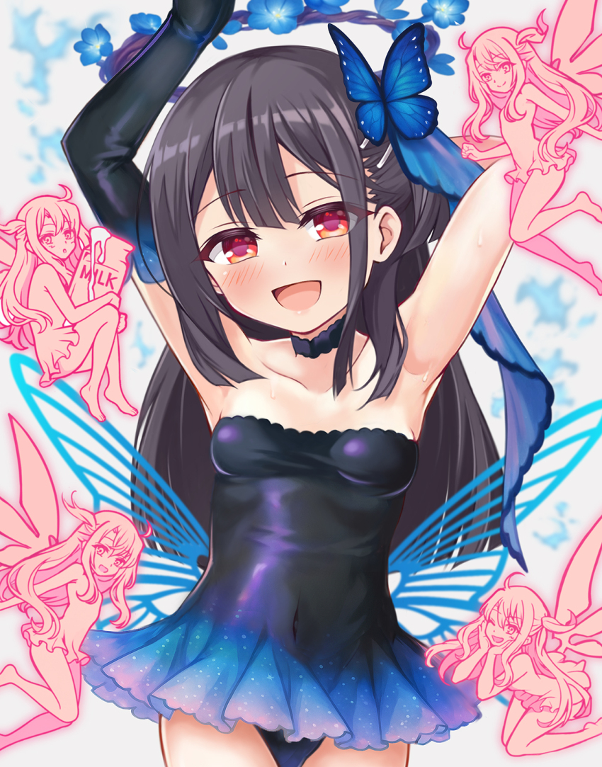 5girls, armpits, arms_up, asymmetrical_gloves, bare_shoulders, black_gloves, black_hair, black_leotard