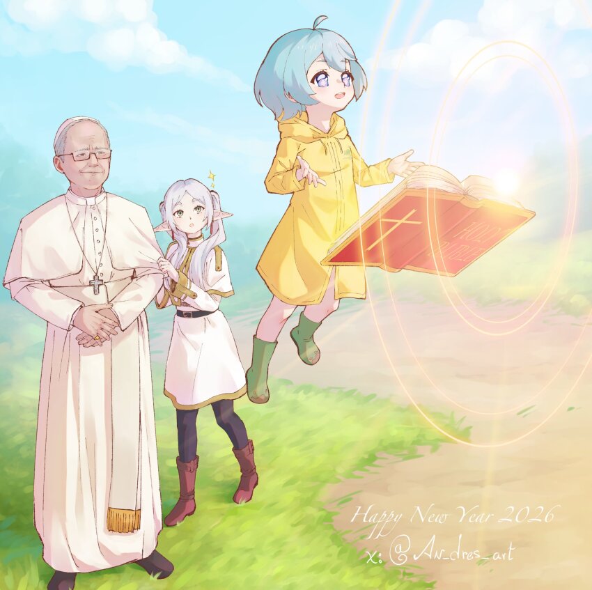1boy, 2026, 2girls, :o, an_dres_art, belt, bible_(object), black_shoes, blue_eyes, blue_hair, boots, brown_boots, capelet, cassock, closed_mouth, commentary, cross, dirty_footwear, dress, earrings, english_commentary, floating, frieren, glasses, green_boots, green_eyes, grey_hair, halo, happy_new_year, highres, hood, hood_down, jewelry, jubilee_2025, long_hair, long_sleeves, luce_(jubilee_2025), multiple_girls, new_year, open_mouth, own_hands_together, parted_bangs, pointy_ears, pope_leo_xiv, raincoat, real_life, robe, rubber_boots, shoes, short_hair, skullcap, smile, sousou_no_frieren, teardrop_earrings, twintails, white_capelet, white_dress, white_hair, white_robe, yellow_raincoat, zucchetto