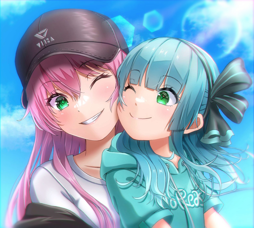 2girls, ;), ;d, aikawa_megumi, aikawa_megumi_(casual), akagi_rumi, aqua_hair, aqua_hoodie