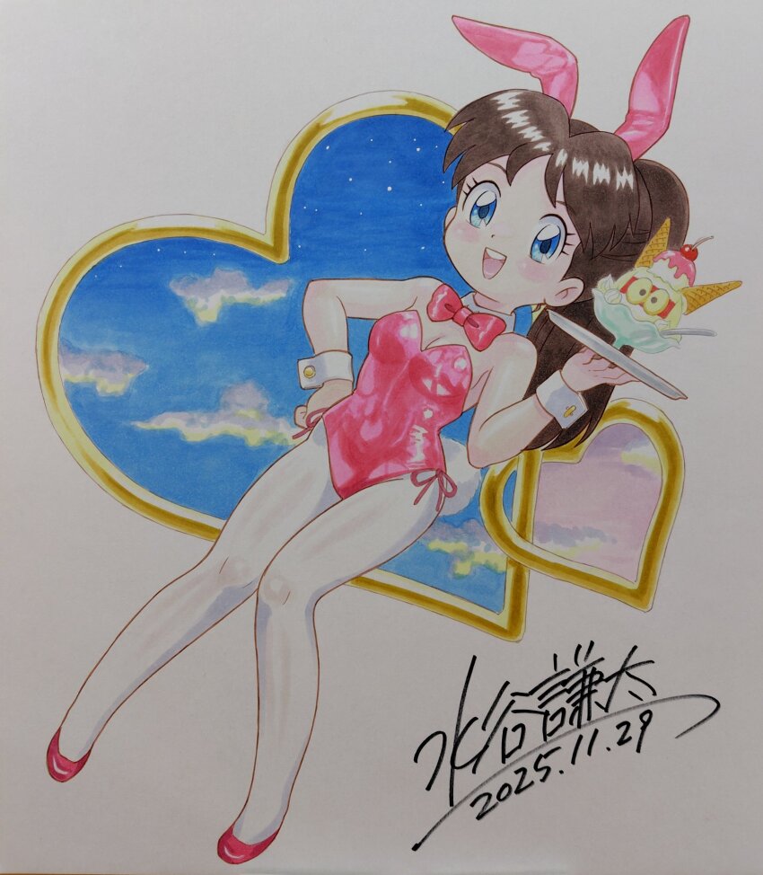 1girl, animal_ears, bare_shoulders, blue_eyes, blue_sky, bow, bowtie, breasts