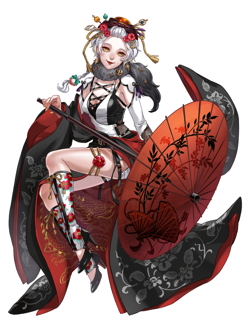 1girl, braid, breasts, cable, cleavage, dairoku_ryouhei, fishnets, flower, full_body, hair_flower, hair_ornament, hair_stick, high_heels, highres, holding, holding_umbrella, lipstick, makeup, michiko_tgwm, momomi_komugi, oil-paper_umbrella, red_umbrella, scarf, small_breasts, solo, thigh_strap, transparent_background, umbrella, white_hair, yellow_eyes