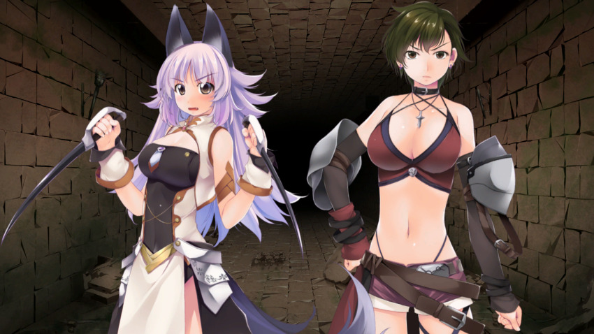 2girls, animal_ears, armlet, atelier-moo, bare_shoulders, belt, belt_collar, bikini