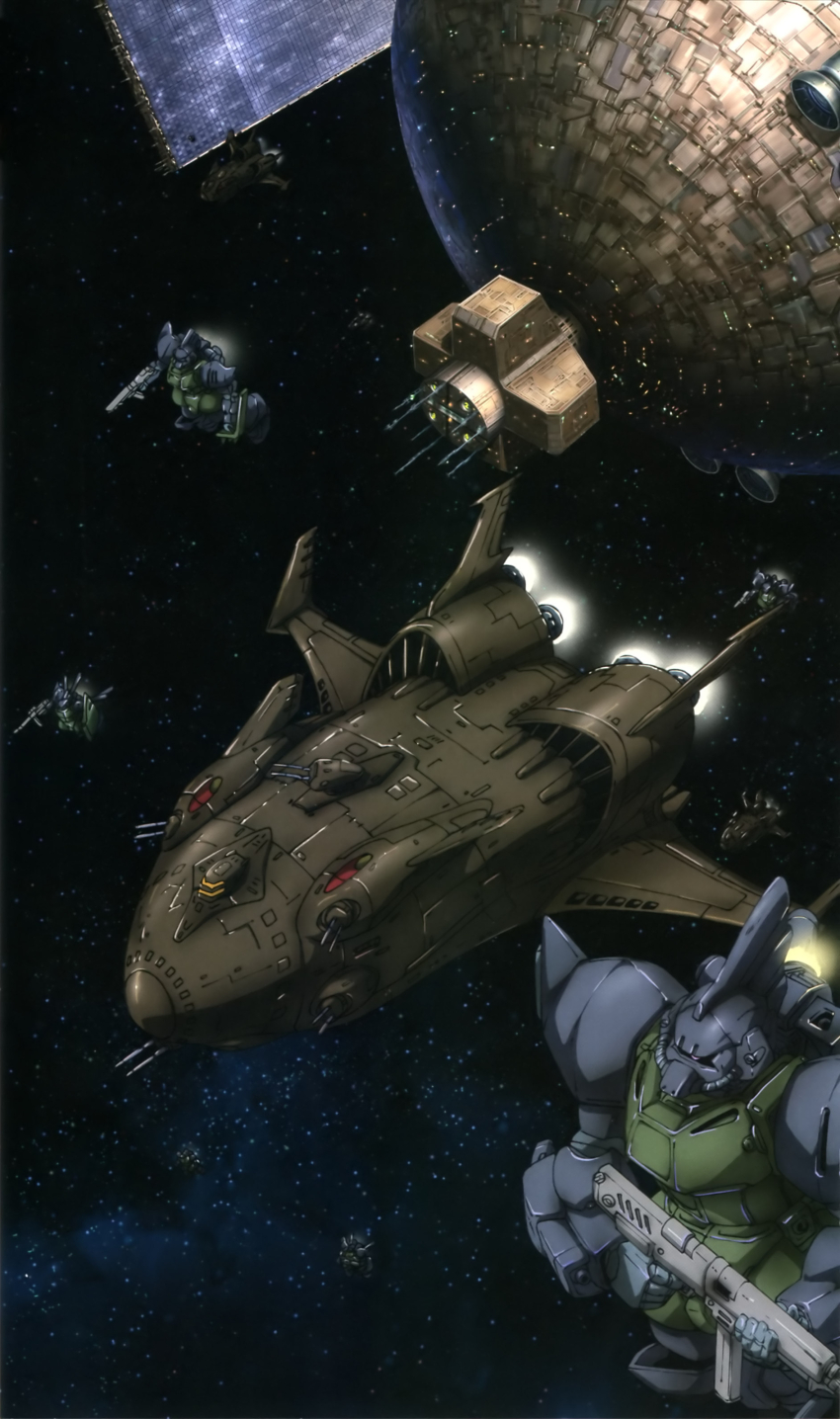 1990s_(style), absurdres, army, assault_rifle, beam_cannon, cannon, fleet, gelgoog