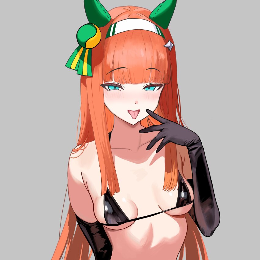 1girl, absurdres, alternate_costume, animal_ears, bikini, black_bikini, black_gloves, blue_eyes, blunt_bangs, blush, breasts, collarbone, commentary, ear_covers, elbow_gloves, g_bael_suomi, gloves, grey_background, hairband, hand_to_own_mouth, highres, hime_cut, horse_ears, horse_girl, long_hair, looking_at_viewer, medium_breasts, open_mouth, orange_hair, sidelocks, silence_suzuka_(umamusume), simple_background, smile, solo, straight_hair, string_bikini, swimsuit, tongue, tongue_out, umamusume, upper_body, white_hairband