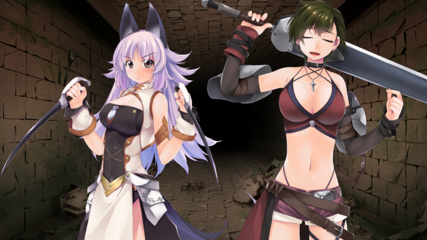 2girls, animal_ears, arm_up, armlet, atelier-moo, bare_shoulders, belt, belt_collar, bikini, bikini_top_only, blush, breasts, brick_floor, brick_wall, brown_belt, cleavage, cleavage_cutout, clenched_hands, closed_eyes, closed_mouth, clothing_cutout, collar, collared_dress, corset, covered_navel, cowboy_shot, detached_sleeves, dress, dual_wielding, dungeon, elbow_gauntlets, fang, flipped_hair, game_cg, green_hair, grey_eyes, hand_on_own_hip, highres, holding, holding_knife, holding_sword, holding_weapon, house, huge_breasts, huge_weapon, jewelry, knife, large_breasts, large_variant_set, lips, long_hair, mana_(our_battle_has_just_begun!), moss, multiple_girls, narrow_waist, navel, necklace, non-web_source, open_mouth, our_battle_has_just_begun!, purple_hair, purple_shorts, raised_inner_eyebrows, rock, short_hair, short_shorts, shorts, side-by-side, side_slit, sidelocks, standing, swimsuit, sword, tail, taylor_(our_battle_has_just_begun!), v-shaped_eyebrows, variant_set, w_arms, weapon, wolf_ears, wolf_girl, wolf_tail, wristband