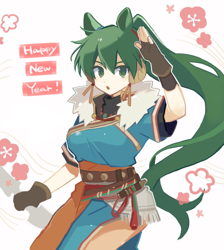 1girl, :o, animal_ears, blue_dress, bow_(weapon), breasts, brown_gloves, commentary_request