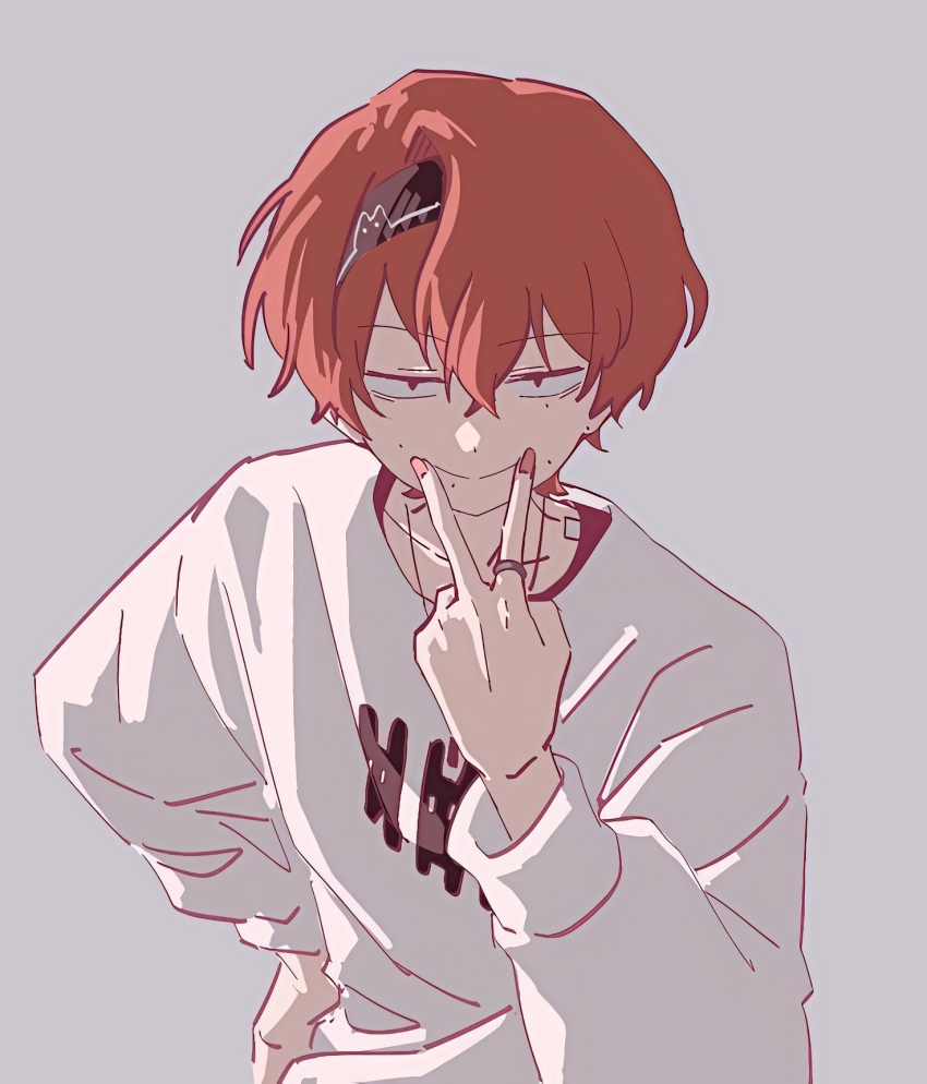 1boy, background-color, black_eyes, commentary_request, ear_piercing, eve_(musician), from_side, ghost_avenue, highres, jacket, kara_no_kioku, looking_up, mahiru_hiruma, male_focus, mole, mole_under_eye, multicolored_jacket, piercing, pink_eyes, pink_nails, rabbit_boy