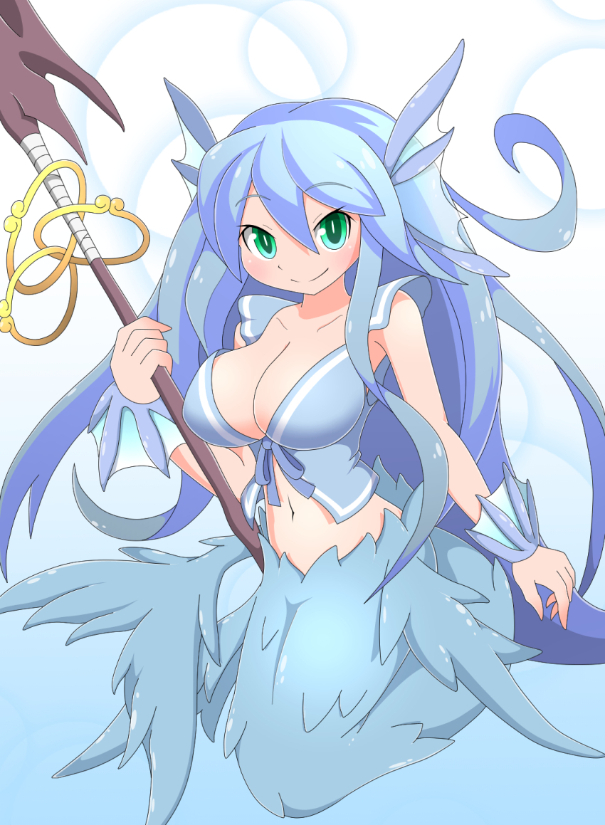 1girl, amauchi, animal_ears, blue_hair, blue_shirt, breasts, bubble_background, cleavage, commentary_request, fins, green_eyes, head_fins, highres, holding, holding_polearm, holding_weapon, jessie_(mon-musu_quest!), jewelry, light_blush, long_hair, looking_at_viewer, mermaid, mon-musu_quest!, monster_girl, navel, polearm, shirt, short_sleeves, smile, tail, weapon