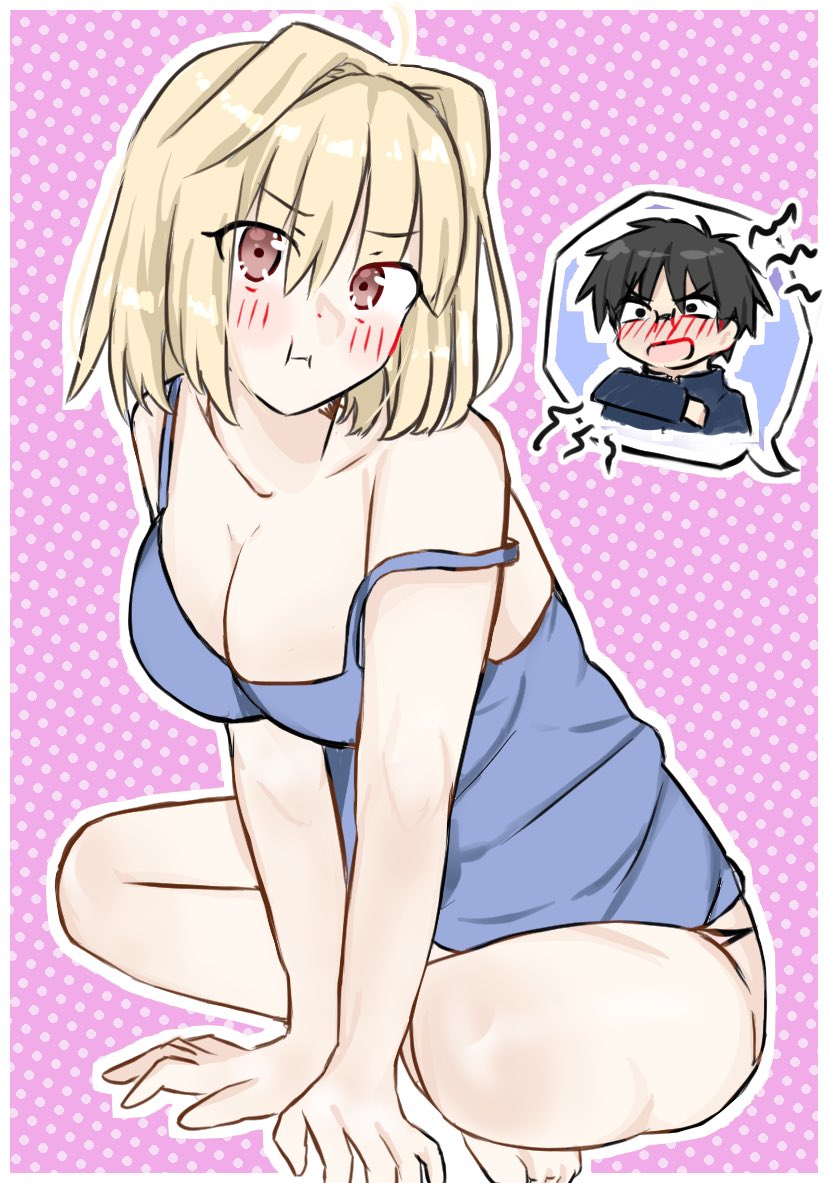 02surume, 1boy, 1girl, ahoge, arcueid_brunestud, arm_support, black_hair, blonde_hair, blue_camisole, blush, breasts, camisole, cleavage, crossed_legs, flustered, gakuran, glasses, hair_intakes, large_breasts, leaning_forward, looking_at_viewer, panties, pout, poutine, red_eyes, school_uniform, short_hair, sitting, strap_slip, tohno_shiki, tsukihime, underwear
