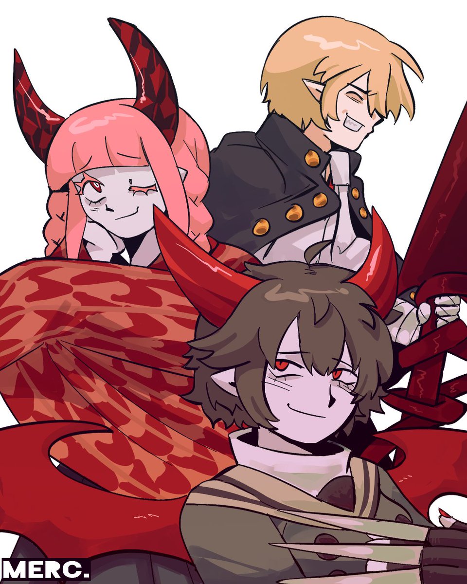 1boy, 2girls, adauchi_(funamusea), black_cape, blonde_hair, braid, brown_gloves, brown_hair