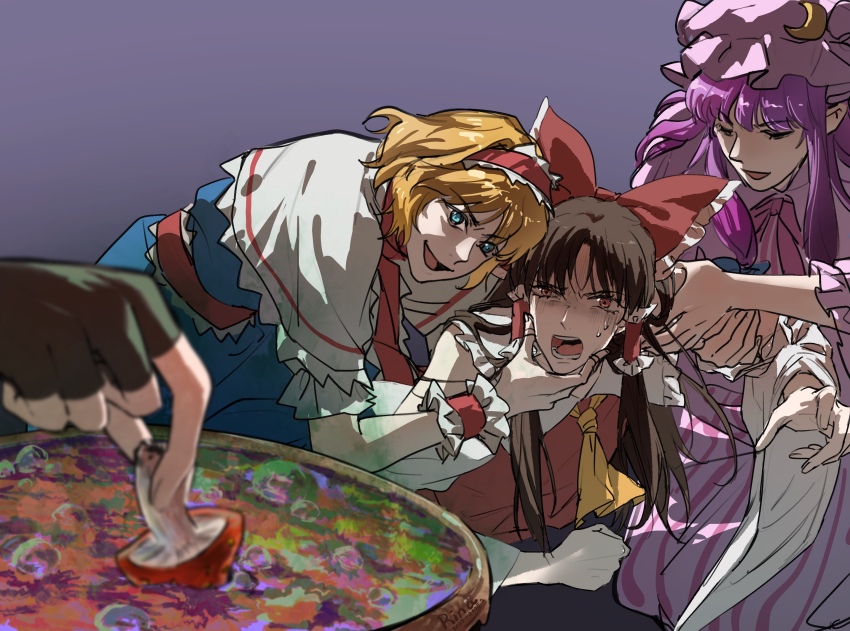 4girls, aihara-rina, alice_margatroid, ascot, blonde_hair, blue_dress, blue_eyes, bow