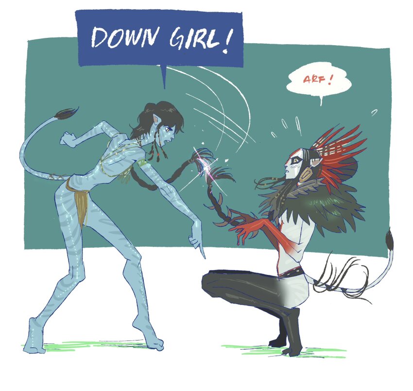 2girls, alien, avatar:_fire_and_ash, black_hair, blue_skin, cat_girl, cat_tail, colored_skin