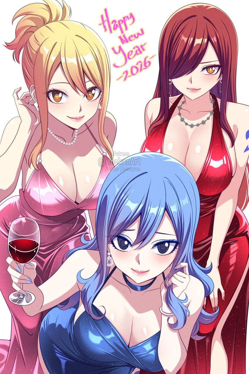 2026, 3girls, absurdres, bare_shoulders, bent_over, black_eyes, blonde_hair, blue_choker, blue_dress, breasts, brown_eyes, brown_hair, choker, cleavage, cocktail_dress, commentary, cup, dress, english_commentary, erza_scarlet, fairy_tail, group_picture, hair_over_one_eye, happy_new_year, high_ponytail, highres, holding, holding_cup, jewelry, juvia_lockser, large_breasts, long_hair, lucy_heartfilia, multiple_girls, necklace, new_year, pink_dress, pink_lips, ponytail, red_dress, smile, standing, yellow_eyes, yookanart