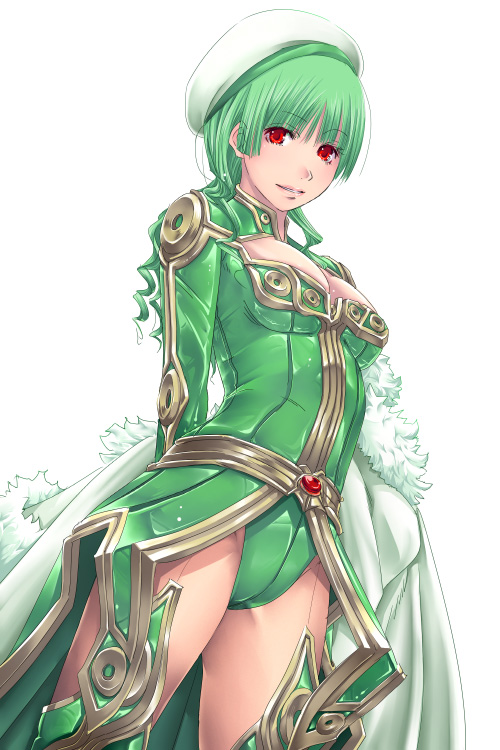 1girl, alternate_color, cape, curly_hair, female_focus, fur, green_hair, hat