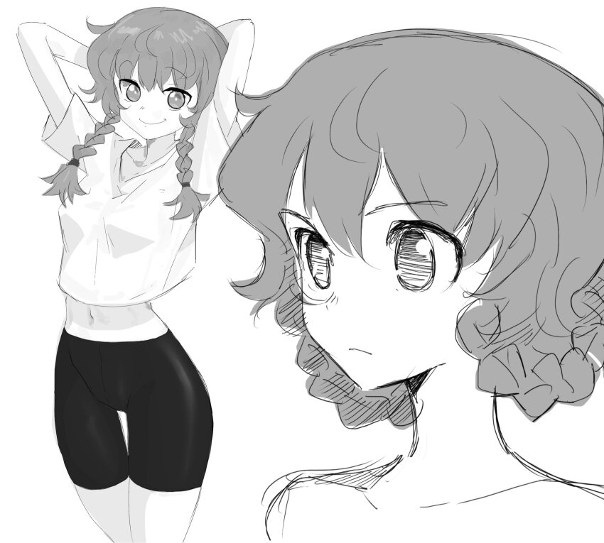 1girl, amane_suzuha, bike_shorts, highres, monochrome, optaku, science_adventure, shorts, smile, steins;gate, tagme