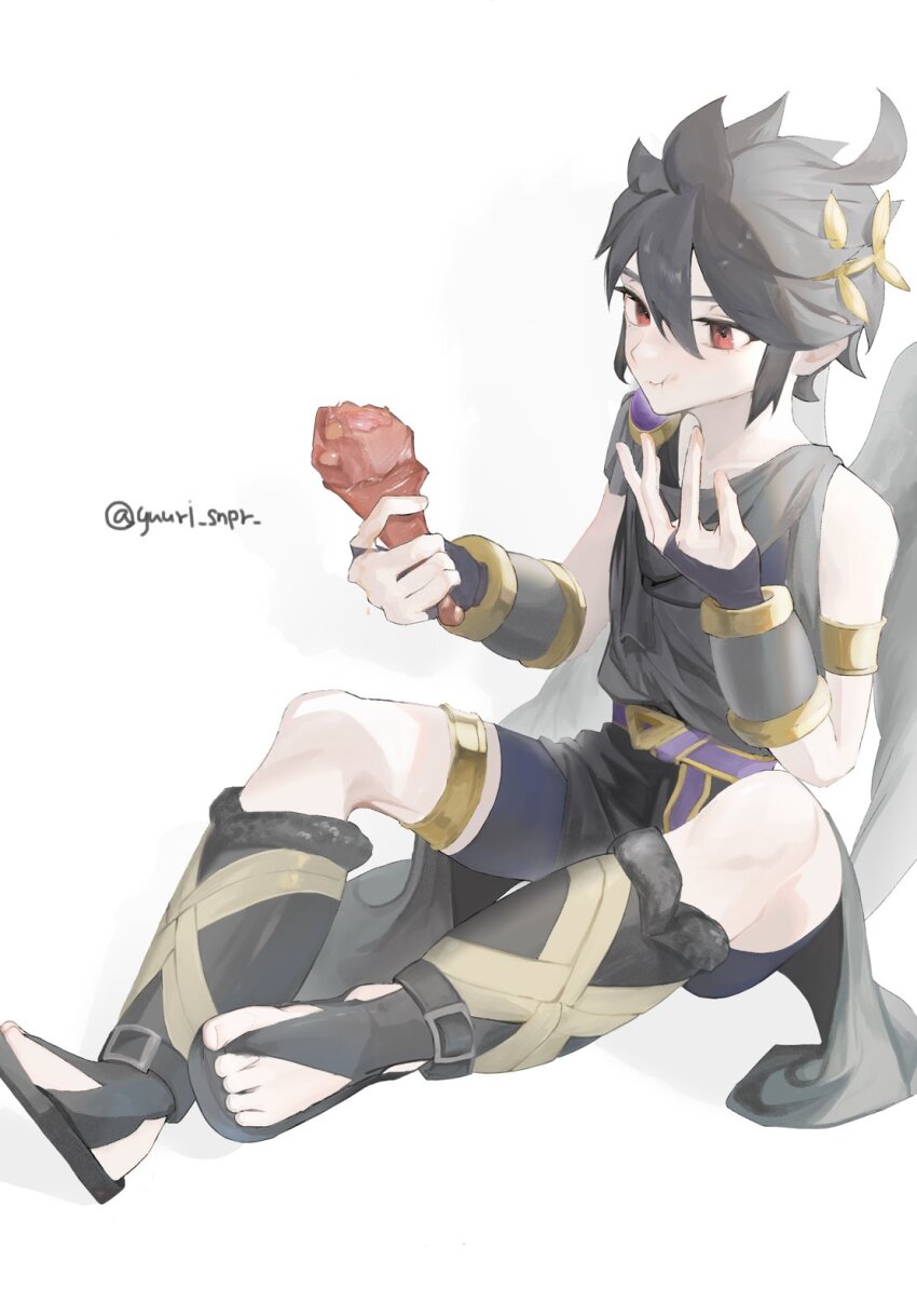 1boy, ahoge, armlet, belt, black_hair, black_sandals, black_shorts, chewing