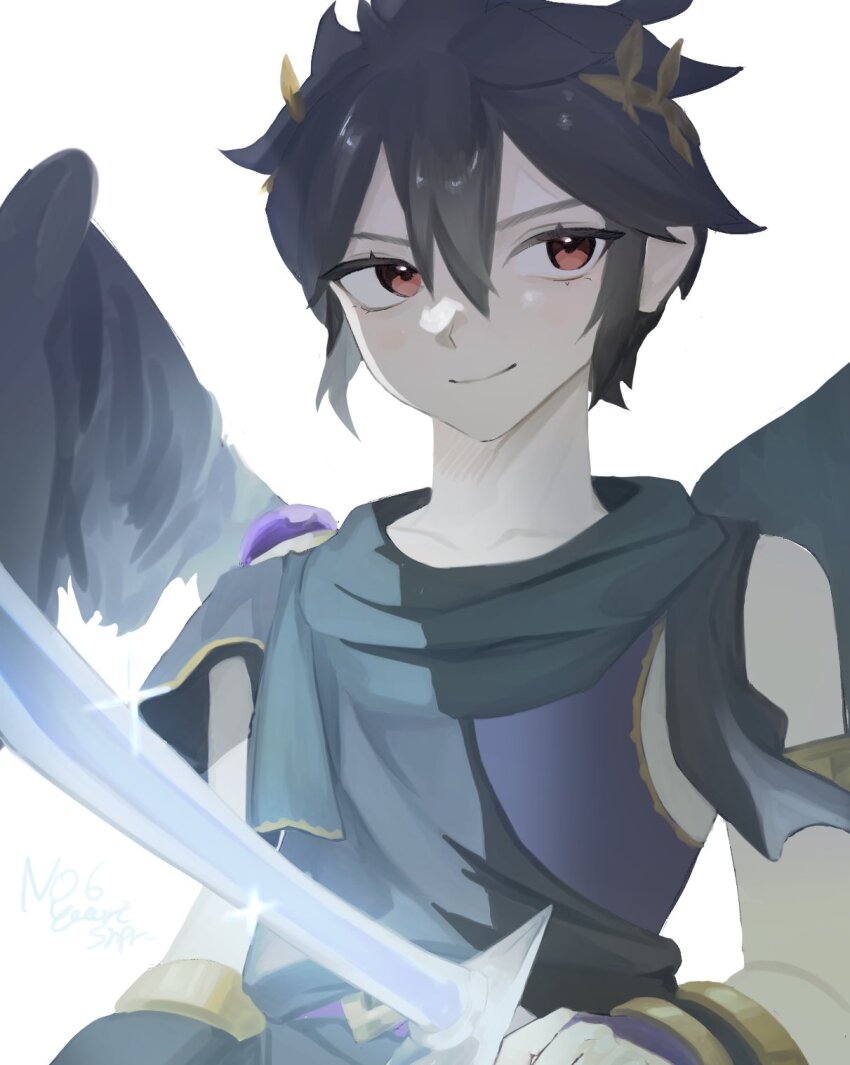1boy, ahoge, armlet, black_hair, black_wings, closed_mouth, commentary_request, dark_pit