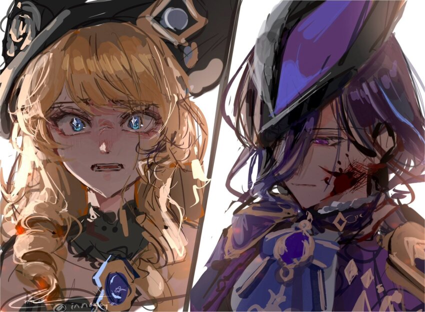 2girls, ascot, black_hat, blonde_hair, blood, blood_on_face, blue_eyes, blue_hair, clorinde_(genshin_impact), closed_mouth, commentary_request, corset, dress, drill_hair, drill_sidelocks, epaulettes, genshin_impact, hair_between_eyes, hat, highres, innagaja, korean_commentary, lace-trimmed_collar, lace_trim, long_hair, long_hair_between_eyes, multiple_girls, navia_(genshin_impact), purple_ascot, purple_eyes, sidelocks, split_screen, strapless, strapless_dress, tricorne, twitter_username