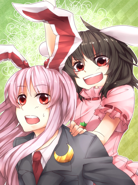 2girls, animal_ears, bad_id, bad_pixiv_id, blazer, blush, brown_hair, carrot