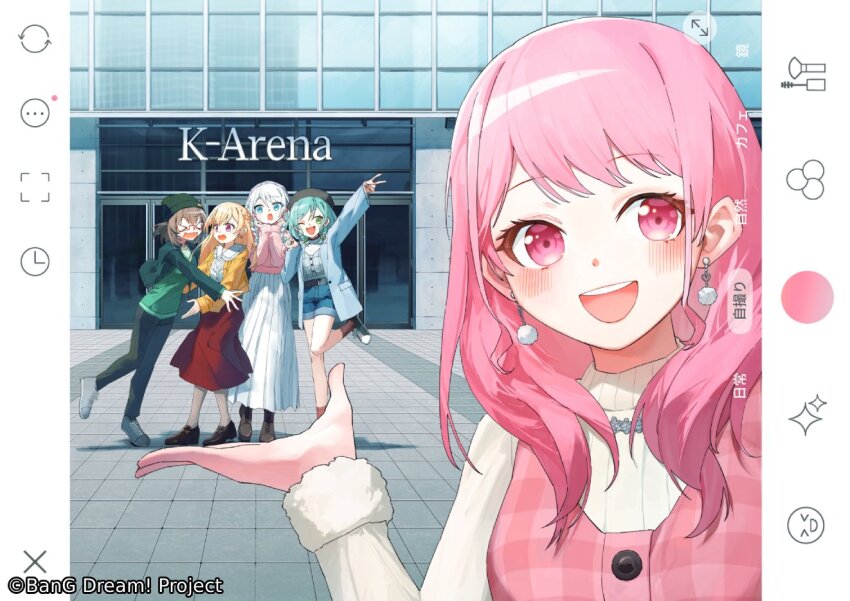 >_<, 5girls, aqua_hair, bang_dream!, bang_dream!_girls_band_party!, beanie, black_hat, black_pants, black_shoes, blonde_hair, blue_eyes, blue_jacket, blue_shorts, blush, braid, brown_hair, cardigan, commentary_request, earrings, fake_screenshot, green_eyes, green_hat, grey_shoes, guest_art, hat, hikawa_hina, jacket, jewelry, k-arena_yokohama, long_hair, long_sleeves, maruyama_aya, medium_hair, multiple_girls, official_art, open_mouth, outdoors, pants, pastel_palettes_(bang_dream!), pink_eyes, pink_hair, pink_sweater, potg_(piotegu), purple_eyes, red_skirt, red_socks, second-party_source, selfie, shirasagi_chisato, shoes, shorts, skirt, socks, sweater, teeth, twin_braids, upper_teeth_only, wakamiya_eve, white_hair, white_skirt, yamato_maya, yellow_cardigan