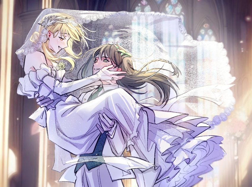 2girls, bang_dream!, bang_dream!_it's_mygo!!!!!, black_hair, blonde_hair, blue_necktie, blue_vest, bridal_gauntlets, bridal_veil, bride, carrying, carrying_person, chinese_commentary, commentary_request, detached_sleeves, dress, female_focus, floating_hair, gloves, green_eyes, groom, hand_on_another's_cheek, hand_on_another's_face, hero45439083942, highres, indoors, jacket, jewelry, long_hair, multiple_girls, necktie, original, princess_carry, ring, see-through_clothes, see-through_veil, strapless, strapless_dress, togawa_hazuki, veil, vest, wedding_dress, wedding_ring, white_dress, white_gloves, white_jacket, wife_and_wife, yahata_riko, yellow_eyes, yuri