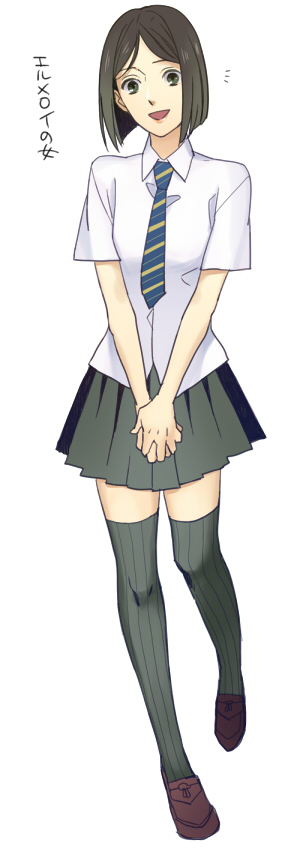 1girl, bad_id, bad_pixiv_id, black_hair, bob_cut, fate/stay_night, fate/zero, fate_(series), female_focus, gender_request, genderswap, green_eyes, karaage_(sweet), long_image, necktie, parted_bangs, pleated_skirt, school_uniform, sensha_otoko, skirt, solo, striped_clothes, striped_thighhighs, tall_image, thighhighs, vertical-striped_clothes, vertical-striped_thighhighs, waver_velvet, waver_velvet_(sensha_otoko), zettai_ryouiki