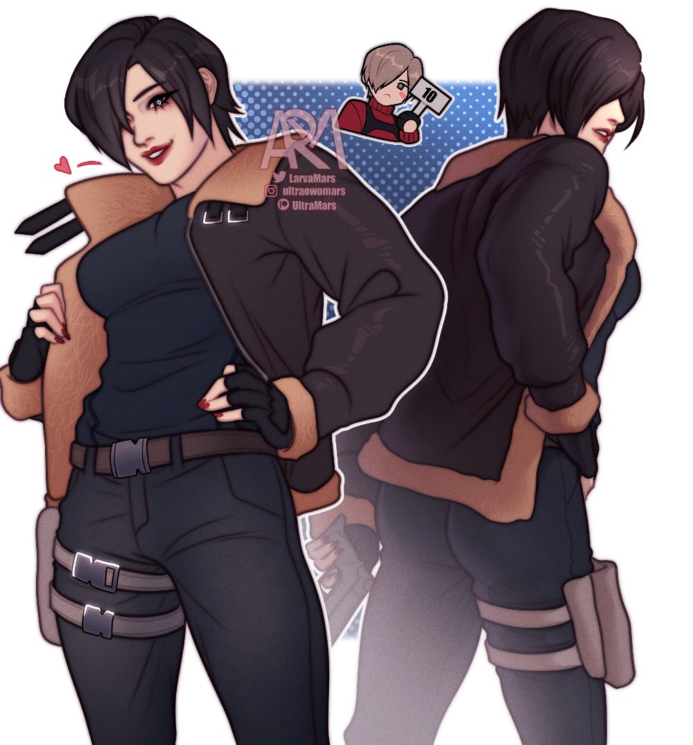 ada_wong, ada_wong_(cosplay), artist_name, black_gloves, black_hair, black_pants, black_shirt, blonde_hair, blue_background, border, breasts, brown_coat, chest_harness, coat, cosplay, cow, dress, fingerless_gloves, fur-trimmed_coat, fur_trim, gloves, gun, hair_over_one_eye, harness, holding, holding_gun, holding_weapon, holster, instagram_username, larvamarssz, leon_s._kennedy, leon_s._kennedy_(cosplay), medium_breasts, nail_polish, pants, parted_lips, red_dress, red_lips, red_nails, resident_evil, resident_evil_4, resident_evil_4_(remake), shirt, short_hair, smile, sweater, sweater_dress, thigh_holster, turtleneck, turtleneck_dress, twitter_username, weapon, white_border