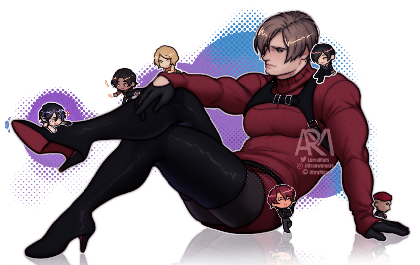 3girls, 4boys, ada_wong, ada_wong_(cosplay), anger_vein, artist_name, ashley_graham, beret, black_boots, black_gloves, black_hair, black_pants, black_pantyhose, black_shirt, blonde_hair, blue_shirt, boots, character_request, chest_harness, chibi, coat, commentary, cosplay, costume_switch, crossdressing, crossdressing_(mtf), crossed_legs, dark-skinned_male, dark_skin, dress, english_commentary, facial_hair, full_body, fur-trimmed_coat, fur_trim, gloves, grey_pants, harness, hat, high_heel_boots, high_heels, instagram_username, jack_krauser, larvamarssz, leaning_on_person, leon_s._kennedy, leon_s._kennedy_(cosplay), light_smile, luis_sera, male_focus, multiple_boys, multiple_girls, muscular, muscular_male, orange_shirt, pants, pantyhose, parted_bangs, parted_lips, red_dress, red_hair, red_hat, resident_evil, resident_evil_4, resident_evil_4_(remake), scar, scar_across_eyebrow, scar_on_face, shirt, short_hair, sitting, sitting_on_shoulder, sweater, sweater_dress, swept_bangs, thigh_boots, turtleneck, turtleneck_dress, twitter_username