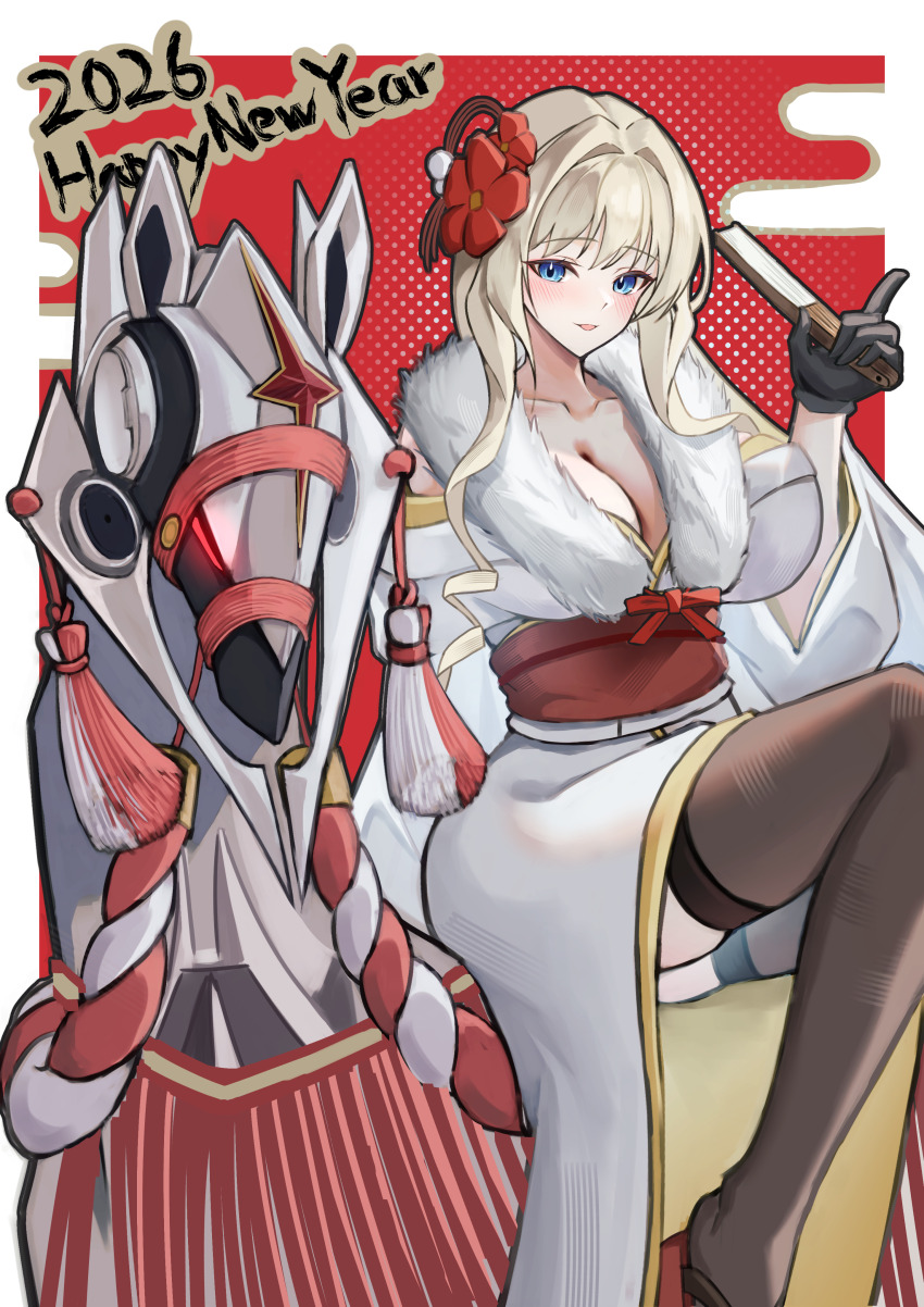 1girl, 2026, absurdres, alternate_costume, blonde_hair, blue_eyes, border, breasts, cleavage, collarbone, commentary_request, crown_(nikke), flower, fur-trimmed_kimono, fur_trim, furisode, goddess_of_victory:_nikke, hair_flower, hair_intakes, hair_ornament, happy_new_year, highres, japanese_clothes, kimono, long_hair, meryi, new_year, non-humanoid_robot, red_background, red_flower, robot, robot_animal, robot_horse, solo, white_border, white_kimono