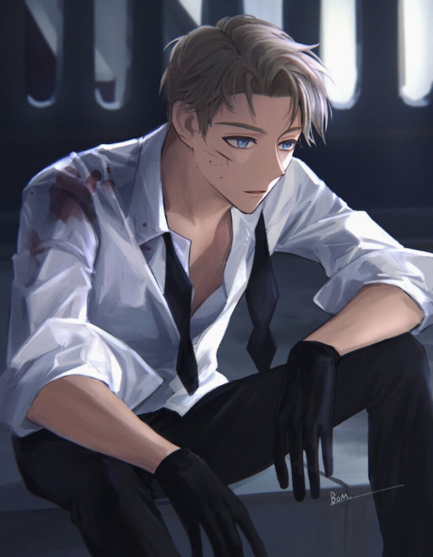 1boy, black_gloves, black_necktie, black_pants, blood, blood_on_face, blue_eyes, bom-r