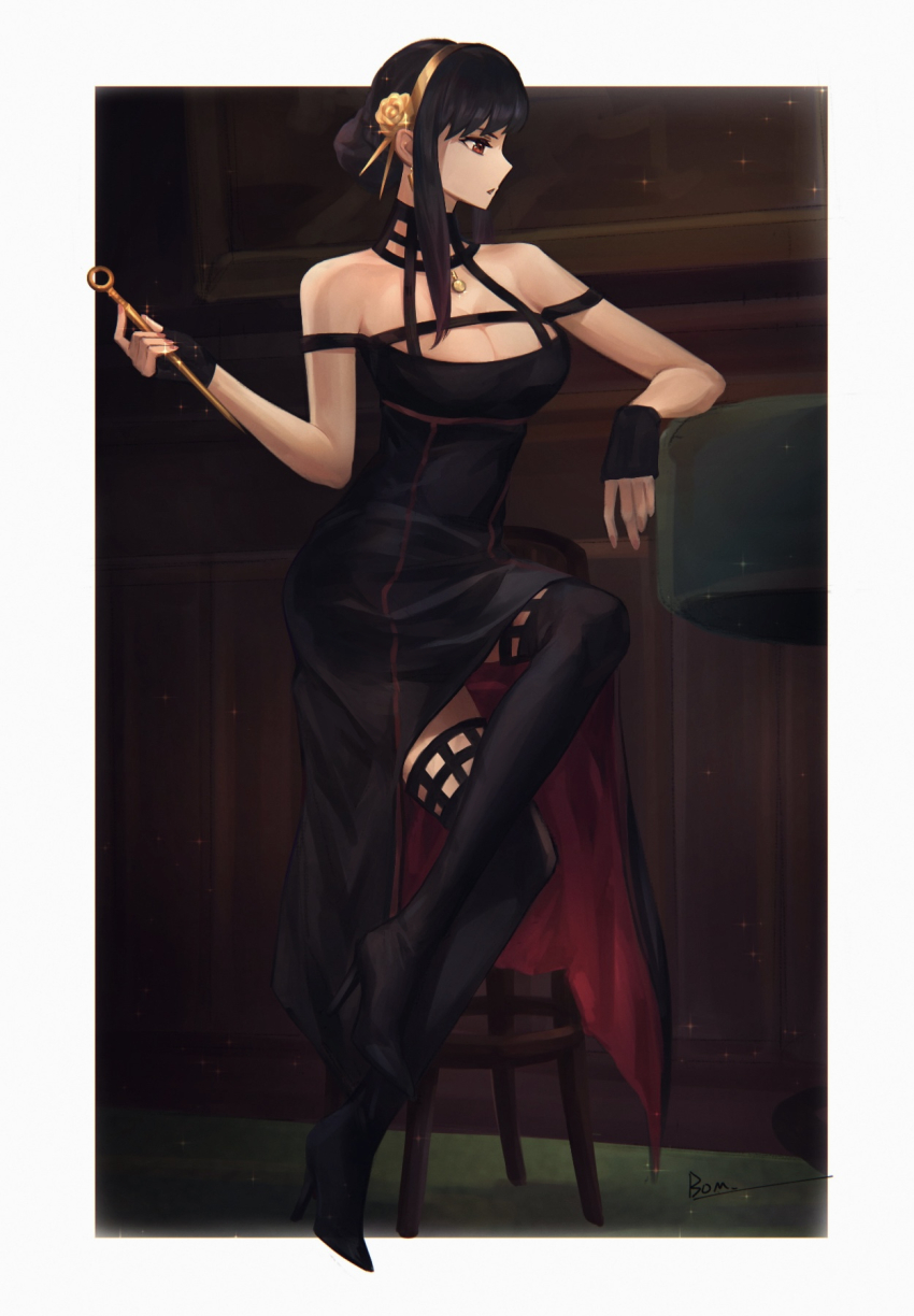 1girl, black_choker, black_dress, black_hair, black_thighhighs, bom-r, border, breasts, choker, cleavage, commentary, dress, full_body, high_heels, highres, holding, indoors, light_particles, signature, solo, spy_x_family, stool, thighhighs, white_border, yor_briar