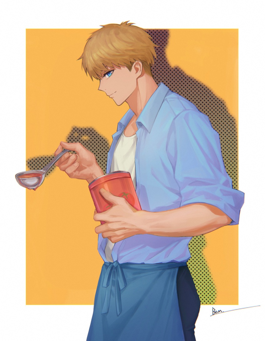 1boy, apron, blonde_hair, blue_apron, blue_eyes, bom-r, closed_mouth, commentary