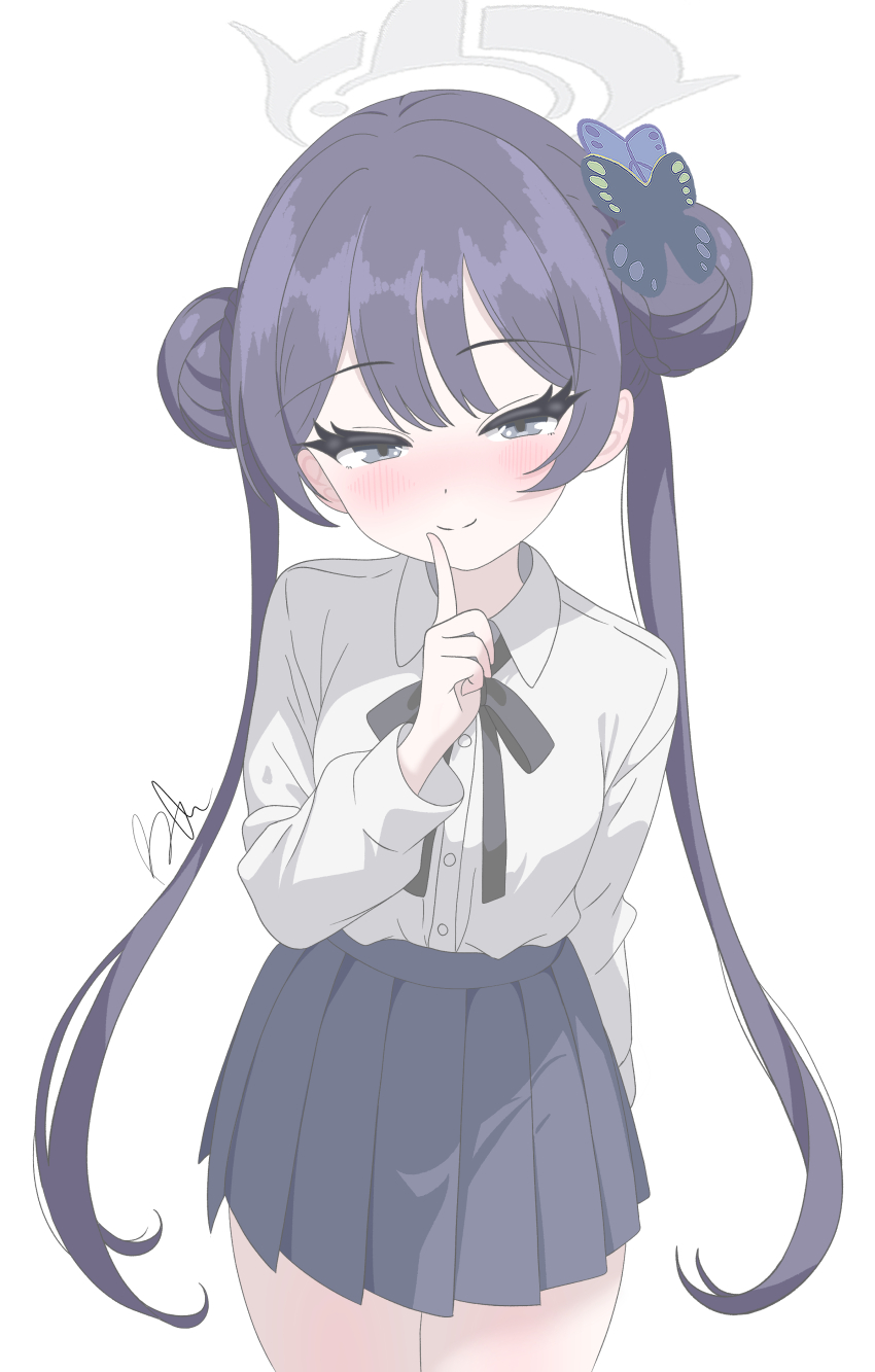 1girl, absurdres, alternate_costume, arm_behind_couch, black_hair, black_skirt, blue_archive, blush, butterfly_hair_ornament, closed_mouth, collared_shirt, commentary, double_bun, finger_to_mouth, grey_eyes, grey_halo, hair_bun, hair_ornament, halo, hand_up, highres, kisaki_(blue_archive), long_hair, looking_at_viewer, pleated_skirt, runarie, shirt, signature, simple_background, skirt, smile, solo, twintails, very_long_hair, white_background, white_shirt
