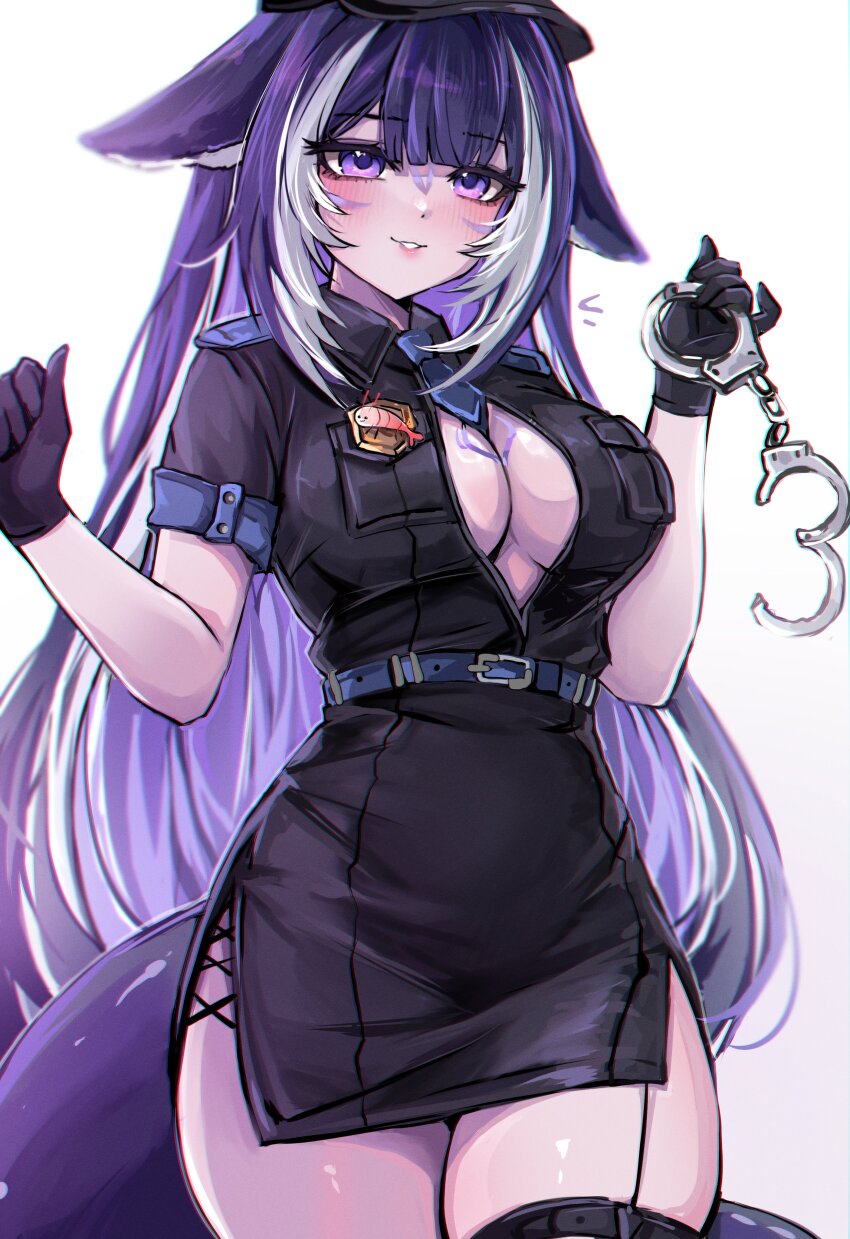 1girl, absurdres, animal_ears, black_gloves, black_hair, black_hat, black_jacket, black_skirt