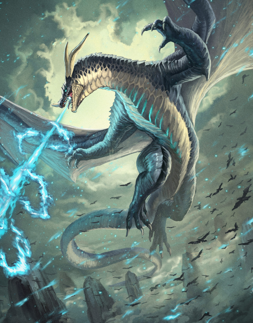 absurdres, animal, bird, black_skin, blue_fire, breath, claws, cloud