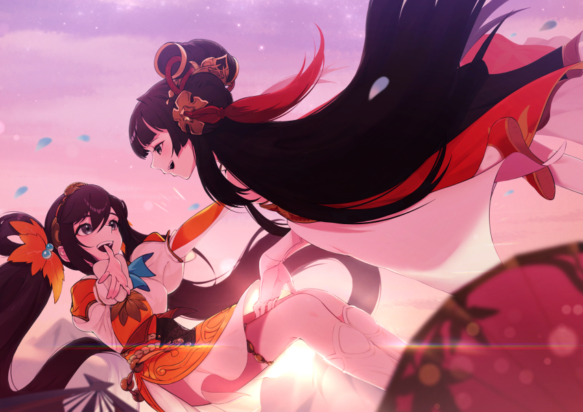 2girls, absurdres, backlighting, black_hair, blurry, blurry_foreground, brown_hair, commentary_request, da_qiao_(orient_arcadia), highres, juliet_sleeves, long_hair, long_sleeves, looking_at_another, multiple_girls, open_mouth, orient_arcadia, outdoors, outstretched_arms, puffy_sleeves, tassel, u_tei, xiao_qiao_(orient_arcadia)