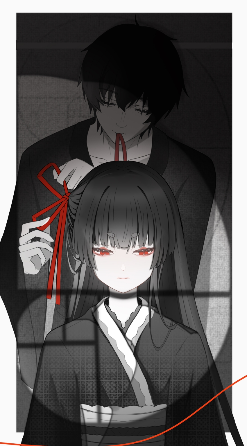 1boy, 1girl, absurdres, black_hair, chisa_(wuthering_waves), closed_mouth, commentary, greyscale