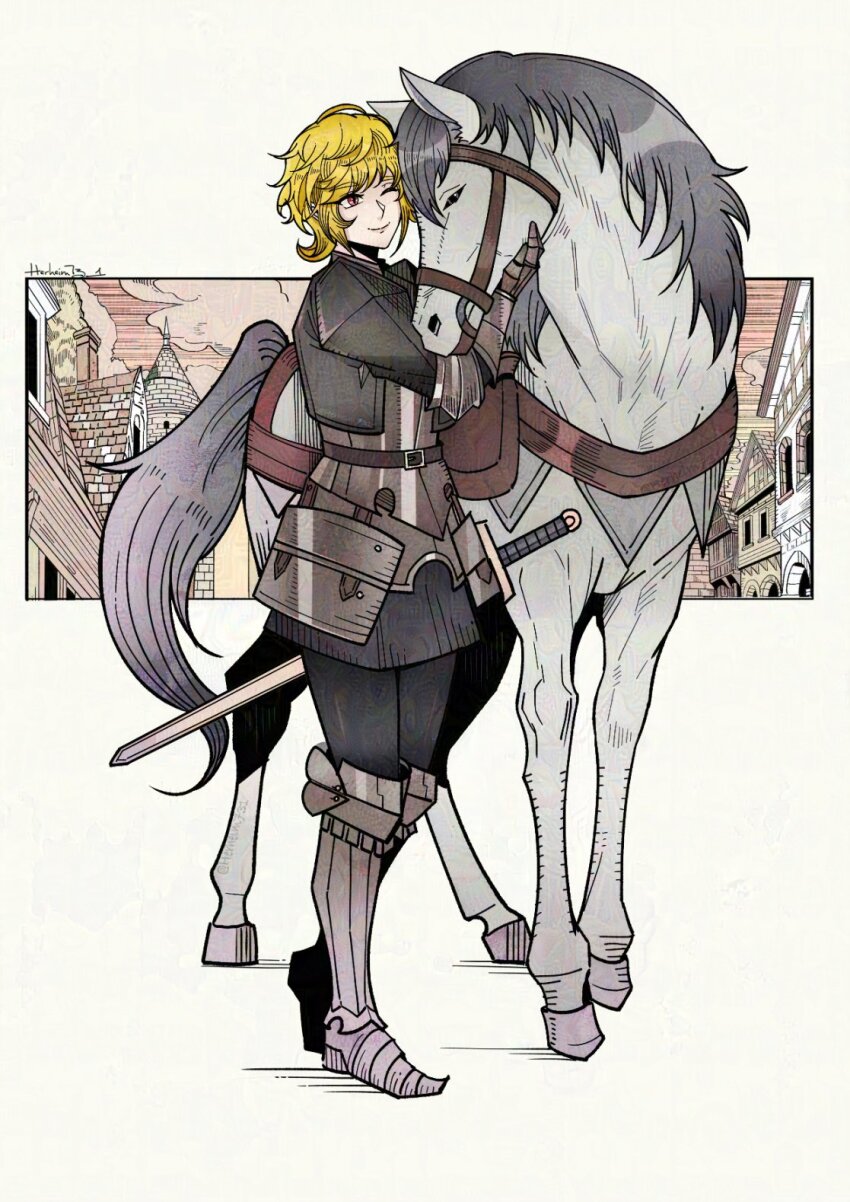 1girl, armor, blonde_hair, border, breastplate, closed_eyes, cuirass, faulds