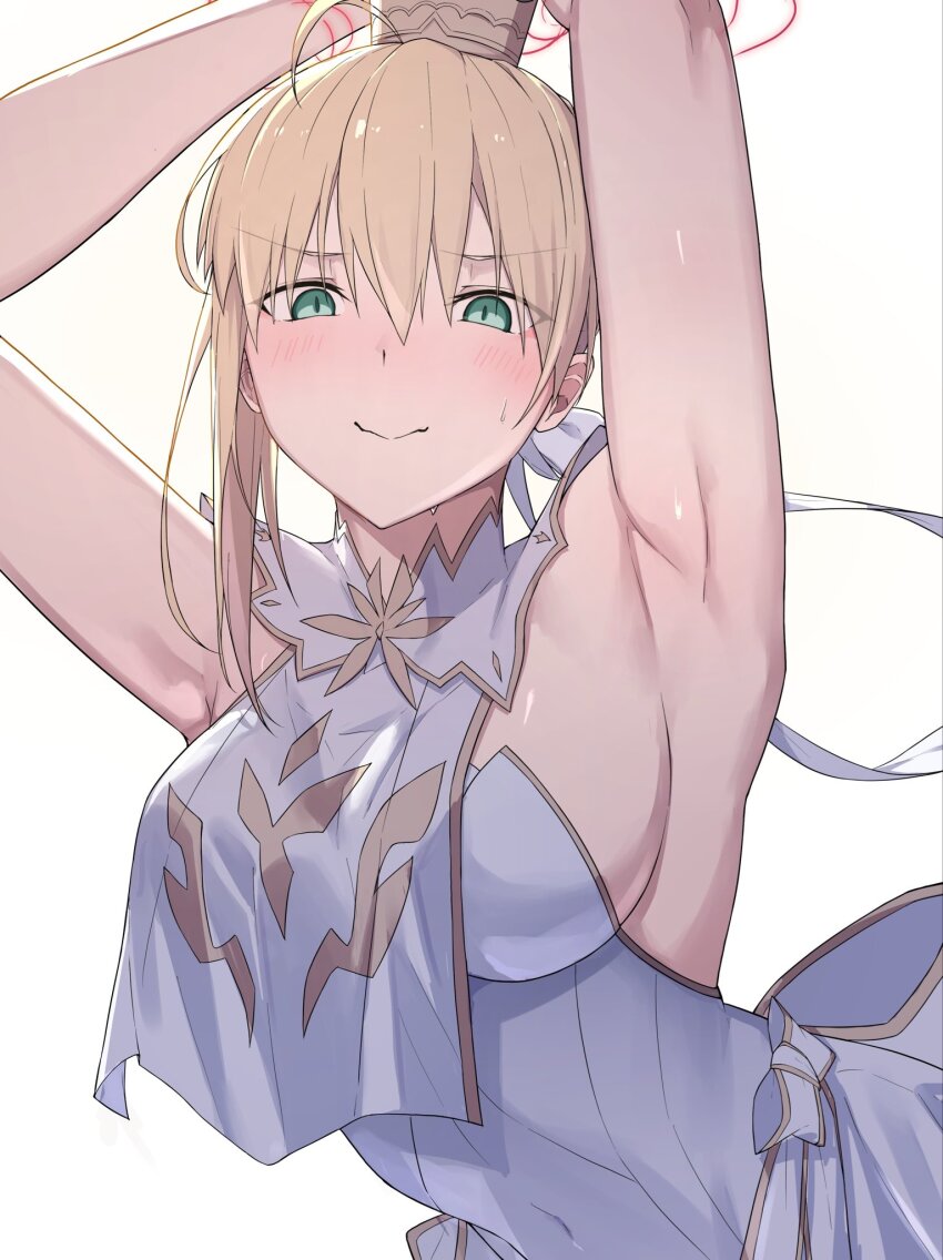 1girl, armpits, arms_up, artoria_pendragon_(fate), blonde_hair, blush, breasts, crown, dress, fate/grand_order, fate_(series), green_eyes, highres, lord_logres_(fate), lord_logres_(second_ascension)_(fate), medium_breasts, natu_zame, restrained, sideboob, smile, solo, white_dress