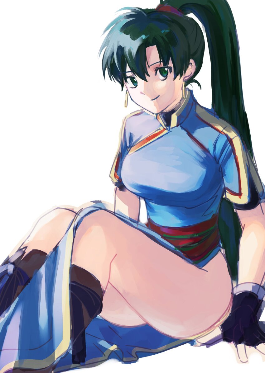 1girl, absurdres, blue_dress, breasts, dress, earrings, fingerless_gloves, fire_emblem