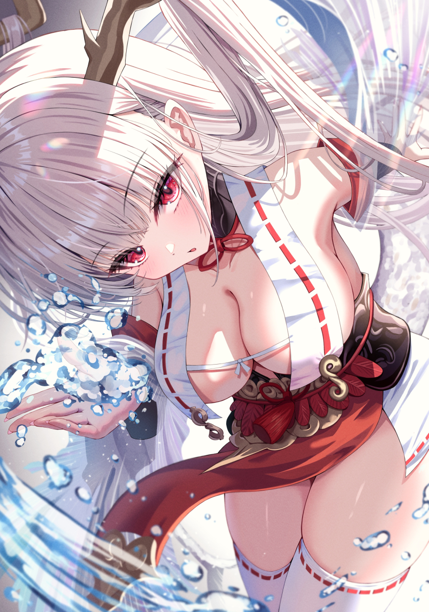 1girl, azur_lane, breasts, cleavage, dragon_girl, dragon_horns, dragon_tail, hair_on_horn, highres, horns, large_breasts, long_hair, looking_at_viewer, nontraditional_miko, pelvic_curtain, red_eyes, ribbon-trimmed_clothes, ribbon-trimmed_thighhighs, ribbon_trim, shimanto_(azur_lane), solo, tail, thighhighs, tingin_ee, white_background