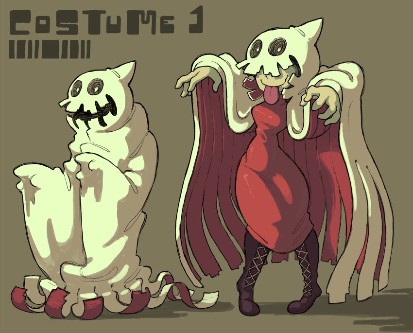 1girl, absurdres, boots, breasts, brown_background, curvy, dress, full_body