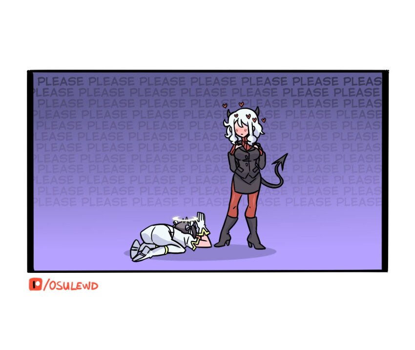 2girls, angel, azazel_(helltaker), begging, black_hair, black_horns, black_tail, blush