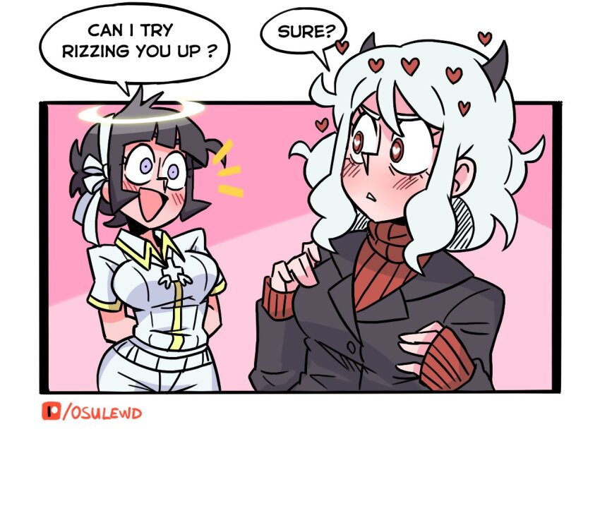 2girls, angel, azazel_(helltaker), black_hair, black_horns, blush, can_i_try_rizzing_you_up_(meme), demon_girl, demon_horns, english_text, halo, heart, heart-shaped_pupils, helltaker, horns, jacket, long_sleeves, meme, modeus_(helltaker), multiple_girls, open_mouth, osulan, patreon_logo, pink_background, red_eyes, red_sweater, ribbed_sweater, shirt, short_hair, sweater, symbol-shaped_pupils, turtleneck, white_hair, zoomer_slang