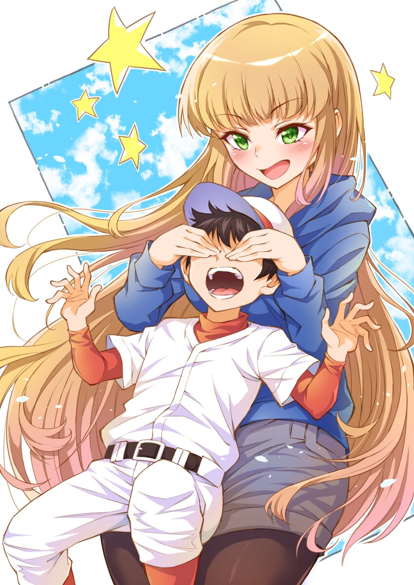 1boy, 1girl, absurdres, age_difference, baseball_cap, baseball_uniform, belt, black_belt, black_hair, blonde_hair, blue_hoodie, brown_pantyhose, covering_another's_eyes, green_eyes, grey_shorts, hat, highres, hood, hoodie, jikkyou_powerful_pro_yakyuu, long_hair, natsume_jun, onee-shota, open_mouth, pantyhose, pantyhose_under_shorts, pawahotel3021, power_pro-kun_pocket_14, power_pro-kun_pocket, shorts, sportswear, star_(symbol), teeth, white_hat