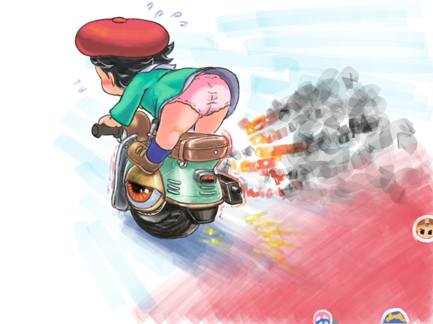 1girl, adeleine, ass, beret, black_hair, blue_socks, brown_shoes, dress, driving, flying_sweatdrops, green_dress, hat, highres, kirby_(series), kirby_air_ride, kirby_air_riders, loli, long_sleeves, mion_orz, motor_vehicle, motorcycle, nintendo, panties, pink_panties, red_hat, riding, shoes, short_hair, smoke, socks, underwear, wheelie_(kirby), wheelie_scooter