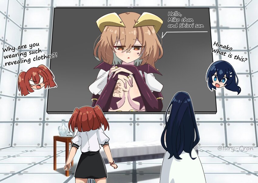 3girls, blue_eyes, brown_hair, cosplay, demon_horns, english_text, highres, horns