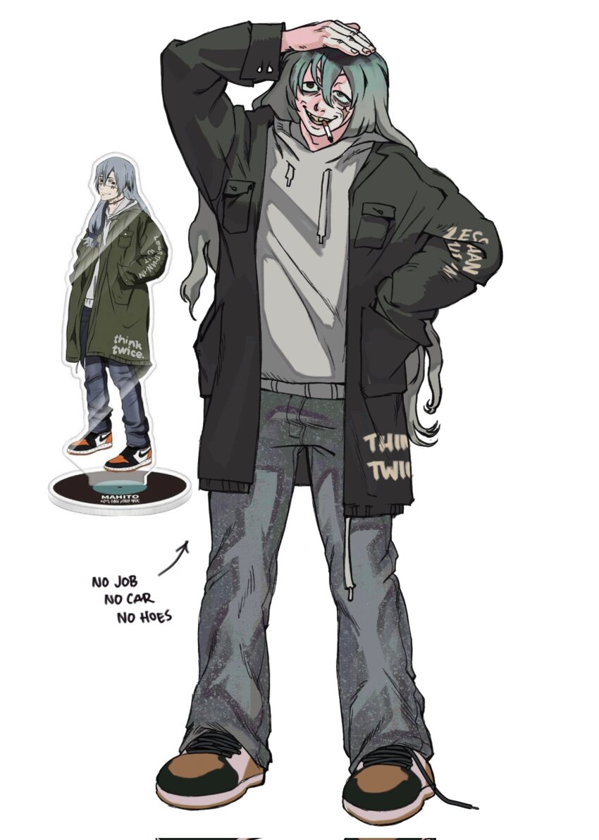1boy, alternate_costume, blue_hair, cigarette, coat, denim, full_body, grey_hair
