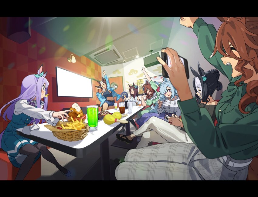 6+girls, ahoge, animal_ears, arm_up, bare_shoulders, black_hair, black_pantyhose, black_shirt